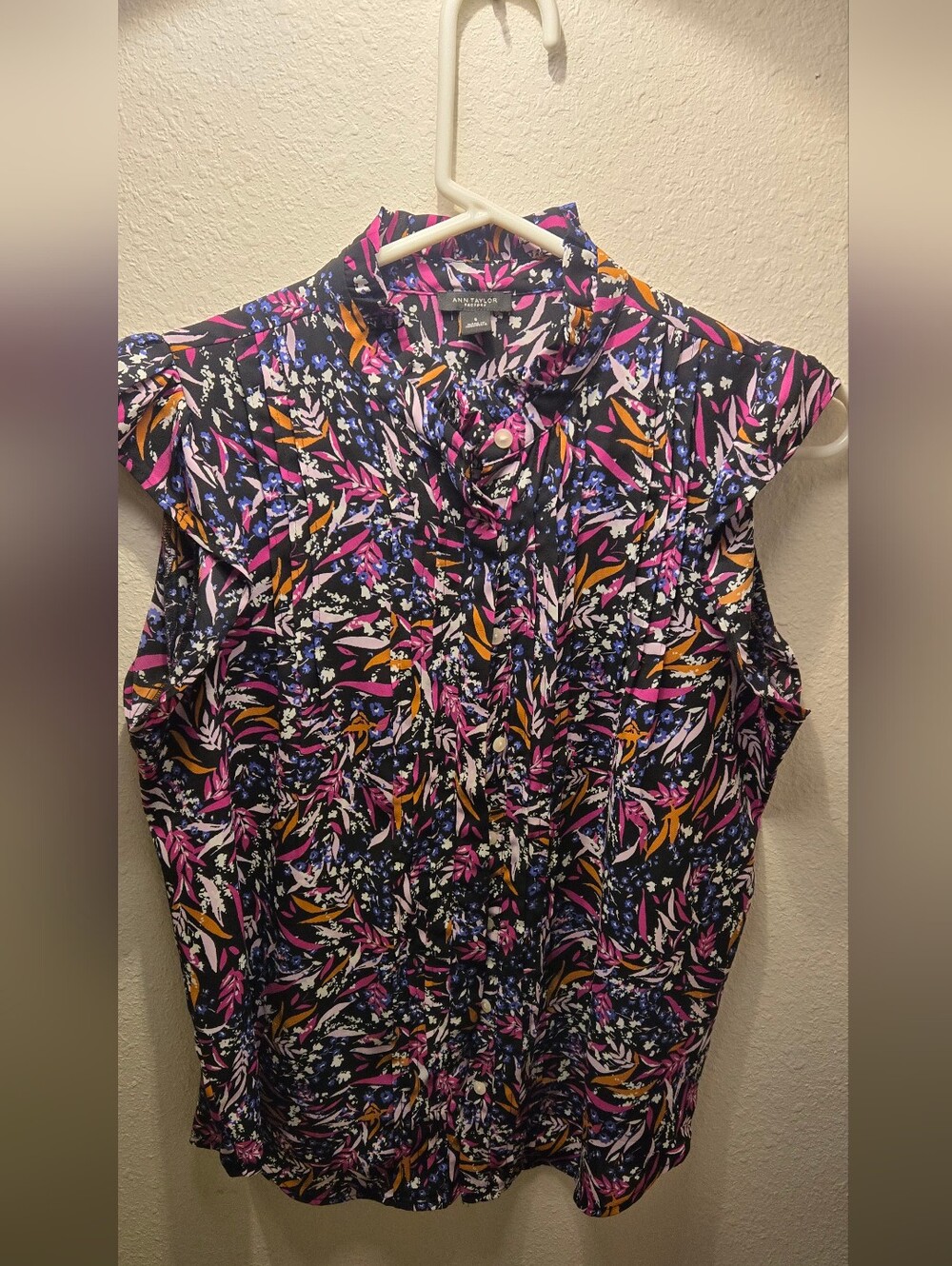 Ann Taylor Sleeveless Floral Blouse - Black with Pink, Gold & Blue